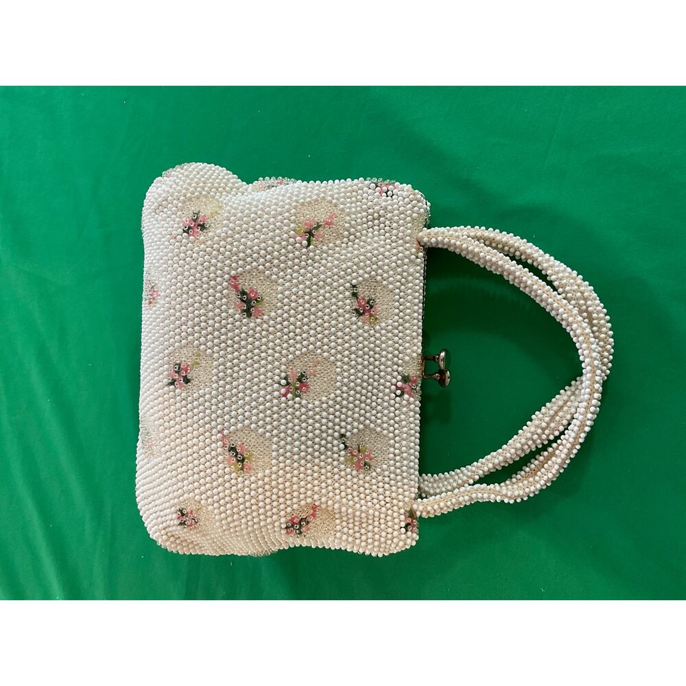 Vintage 1950’s Corde Bead Lumured Ivory Floral Clutch Handbag Purse With Handle - Picture 4 of 10